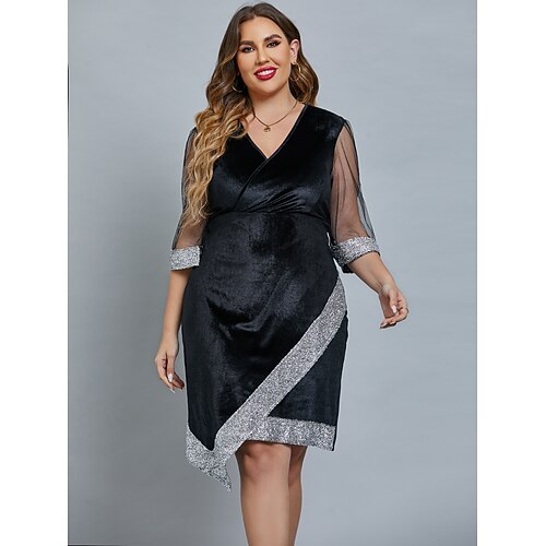 

Women's Plus Size Curve Party Dress Color Block V Neck Mesh 3/4 Length Sleeve Fall Spring Elegant Prom Dress Midi Dress Formal Party Dress / Black Dress / Formal Dress