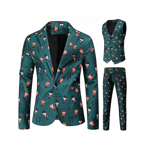 

Dark Green Men's Christmas Suits 3 Piece Patterned Standard Fit Single Breasted One-button 2022