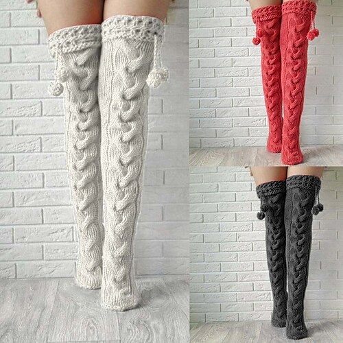 

Knitted garter with hair ball over the knee lengthened stockings pile pile wool socks women thickened and warm