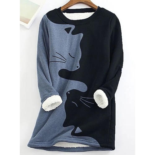 

Women's Plus Size Tops Blouse Fleece Winter Cat Print Long Sleeve Round Neck Casual Sherpa Fleece Daily Vacation Polyester Fall Black