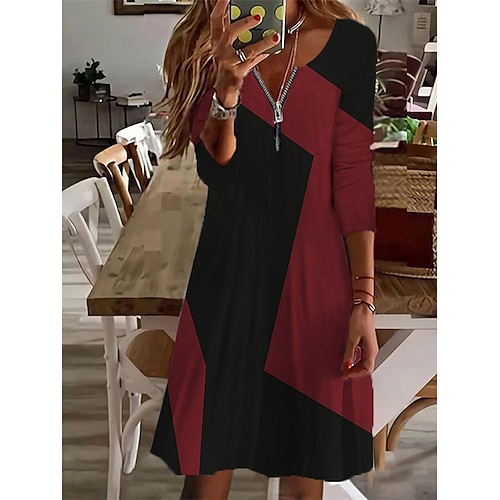 

Women's Casual Dress Shift Dress Red Gray White Long Sleeve Geometric Zipper Winter Fall Autumn V Neck Winter Dress Weekend Fall Dress 2022 S M L XL 2XL 3XL 4XL 5XL 6XL