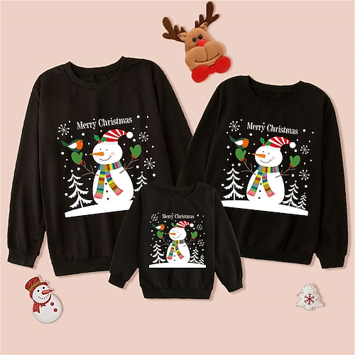 

Mommy and Me Christmas Sweatshirt Letter Bird Snowman Casual Crewneck Black Long Sleeve Adorable Matching Outfits