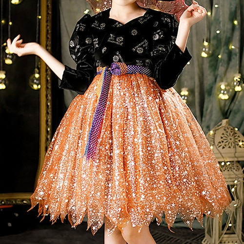 

Kids Girls' Halloween Dress Sequin Party Dress Above Knee Dress Performance Cotton Long Sleeve Princess Dress 2-12 Years Winter Black / Fall / Sweet