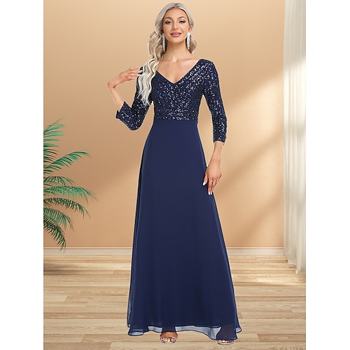 

A-Line Evening Gown Elegant Dress Party Wear Floor Length 3/4 Length Sleeve V Neck Chiffon V Back with Sequin 2022