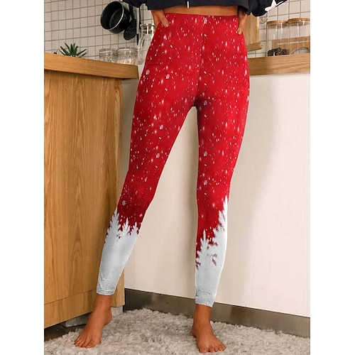 

Women's Leggings Wine Dark Red White / Red Sparkle Sparkle & Shine Christmas Casual Leisure Sports Print Stretchy Ankle-Length Tummy Control Santa Claus S M L XL 2XL