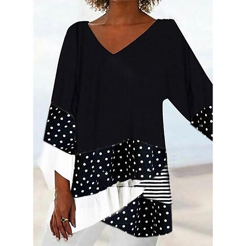 

Women's Shirt Black Polka Dot Print Long Sleeve Casual Streetwear V Neck Long S