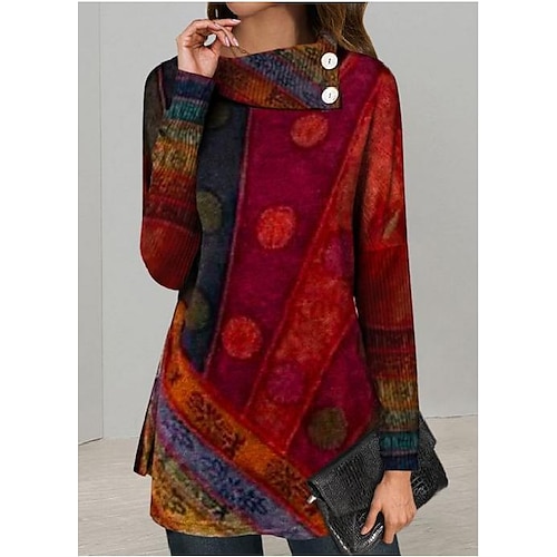 

Women's Blouse Tunic Red Ethnic Print Long Sleeve Casual Ethnic Long S