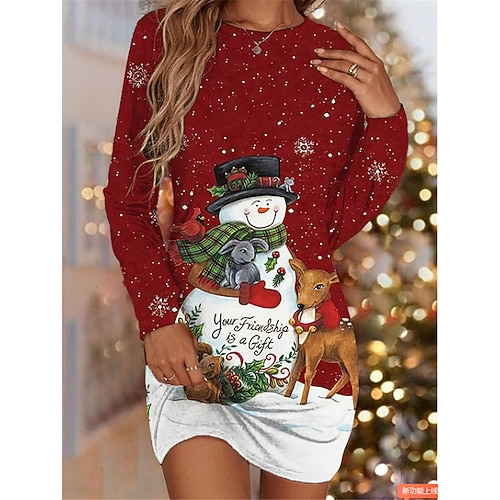 

damen weihnachten t-shirt kleid t-stück kleid bodycon minikleid wein schwarz langarm buchstabe weihnachtsmann schneemann aufdruck winter herbst rundhals urlaub lässig 2022 s m l xl xxl 3xl 4xl 5xl 6xl