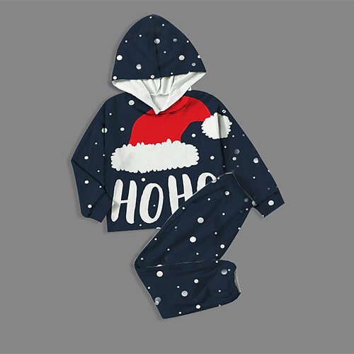 

2 Pieces Toddler Boys Ugly Christmas Hoodie & Pants Outfit Letter Snowflake Long Sleeve Pocket Set Casual Active Daily Winter Fall 7-13 Years Navy Blue