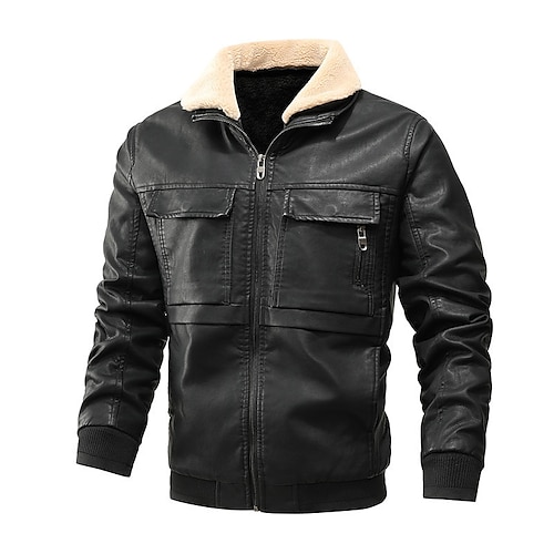 

Men's Sherpa jacket Faux Leather Jacket Durable Casual / Daily Daily Wear Vacation To-Go Zipper Standing Collar Comfort Leisure Jacket Outerwear Solid / Plain Color Pocket Coffee Black / Winter