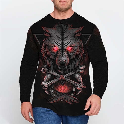 

Men's Plus Size T shirt Tee Big and Tall Wolf Crew Neck Long Sleeve Spring Fall Sports Designer Basic Breathable Outdoor Street Tops