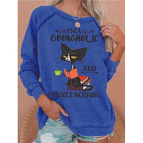 

Women's Sweatshirt Pullover Basic Christmas Blue Gray White Cat Christmas Round Neck Long Sleeve S M L XL 2XL 3XL