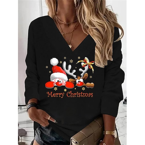 

Women's Shirt Black Red Beige Cat Deer Print Long Sleeve Christmas Casual Basic Christmas V Neck Regular S