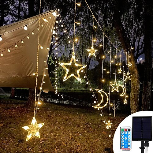 

Star Moon Fairy Curtain String Lights 3.5m 138LED Solar Christmas Decor Lights LED Garland for Room Home Wedding Party Window Decor with Remote