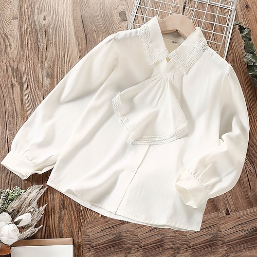 

Barn Jente Bluse Helfarge Skole Langermet Drapering søt stil Chiffon 7-13 år Vinter Hvit / Høst / Vår / Sommer