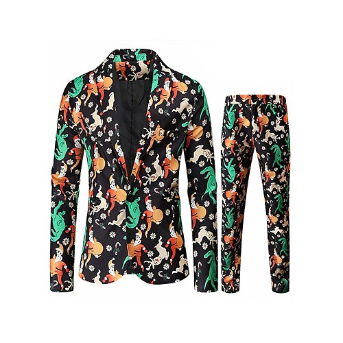 

Black Men's Christmas Suits 2 Piece Patterned Standard Fit Single Breasted One-button 2022