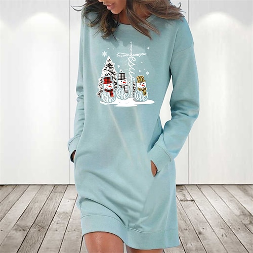 

Women's Christmas Hoodie Dress Winter Dress Light Blue Grey White Long Sleeve Snowman Snowflake Pocket Print Winter Fall Crew Neck Stylish Casual Loose Fit 2022 S M L XL 2XL / Cotton