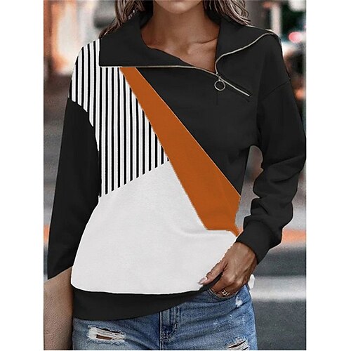 

Women's Sweatshirt Pullover Basic Zipper Green Blue Pink Color Block Striped Street V Neck Long Sleeve S M L XL 2XL 3XL