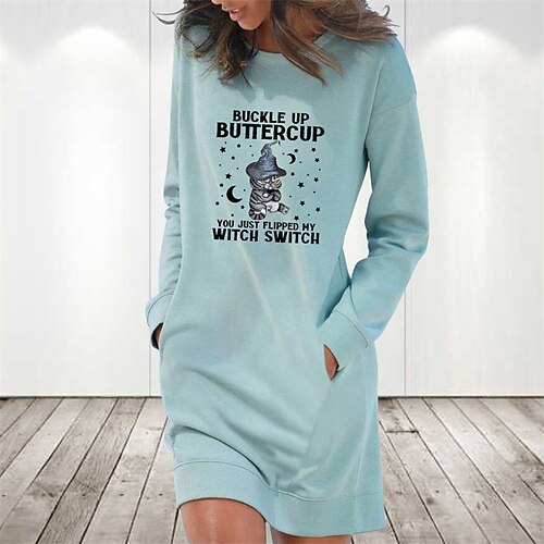 

Women's Sweatshirt Dress Winter Dress Light Blue Grey White Long Sleeve Cat Letter Pocket Print Winter Fall Crew Neck Stylish Casual Fall Dress Loose Fit 2022 S M L XL 2XL / Cotton / Halloween