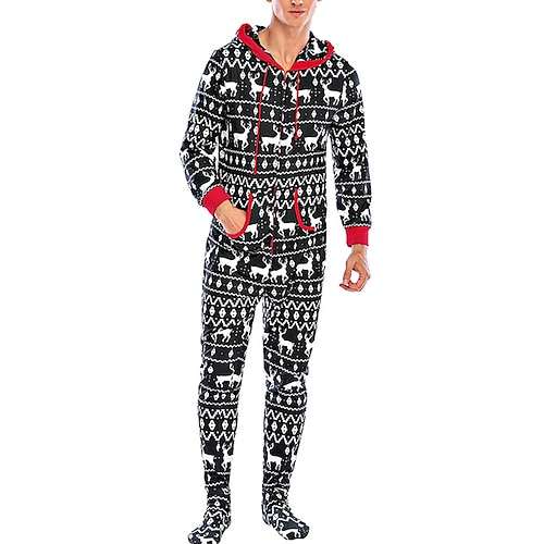 

Men's Christmas Pajamas Loungewear Onesie Pajamas Animal Grid / Plaid Simple Comfort Home Daily Polyester Warm Breathable Crew Neck Long Sleeve Pocket Winter Black Red