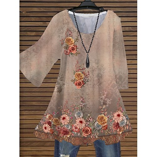 

Women's Plus Size Tops Blouse Shirt Floral Print 3/4 Length Sleeve Crewneck Casual Daily Holiday Cotton Spandex Jersey Fall Winter khaki