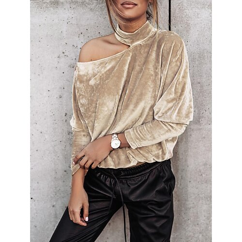 

Women's Shirt Brown Beige Plain Cut Out Long Sleeve Casual Weekend Streetwear High Neck Regular Velvet S