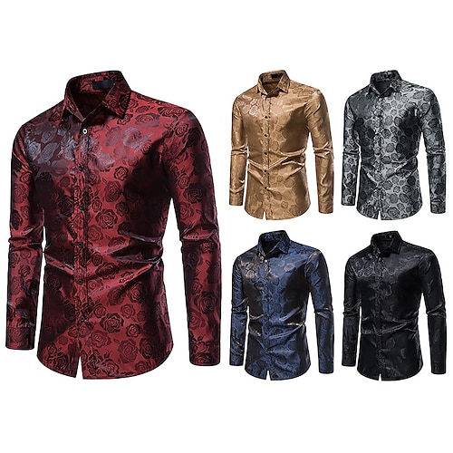 

Men's Satin Silk Shirt Prom Shirt Graphic Floral Turndown Black Khaki Royal Blue Dark Gray Red Wedding Party Long Sleeve Button-Down Clothing Apparel Fashion Luxury Shiny Breathable