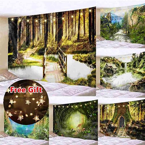 

Landscape Forest Waterfall Wall Tapestry Art Decor Blanket Curtain Picnic Tablecloth Hanging Home Bedroom Living Room Dorm Decoration Gift Polyester (with LED String Lights)