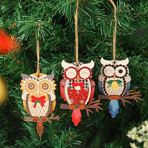 

3Pcs Christmas Double Layer Wooden Pendant Christmas Tee Owl Deco