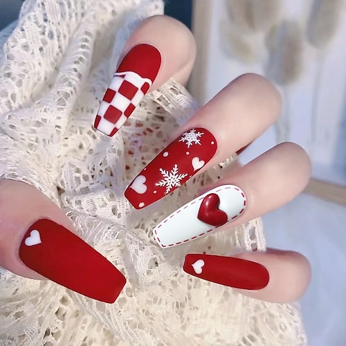 

Red and White Snowflake Love Christmas Wear Nail Cute Removable False Nail Patch Nail Piece Finished Product