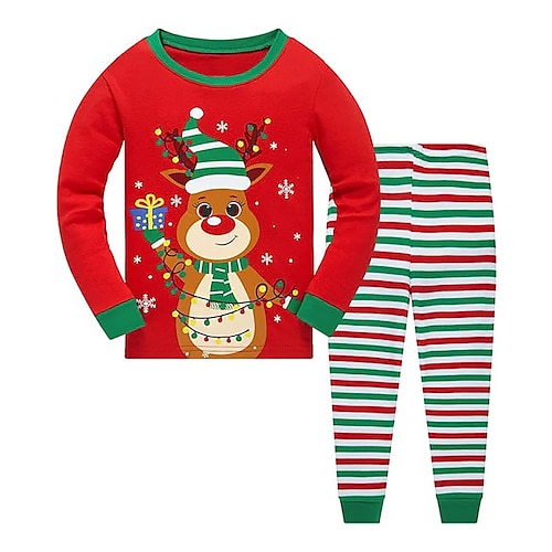 

2 Pieces Kids Boys Ugly Christmas T-shirt & Pants Outfit Elk Stripe Long Sleeve Crewneck Set Christmas Gifts Cute Daily Winter Fall 7-13 Years Green Wine Red