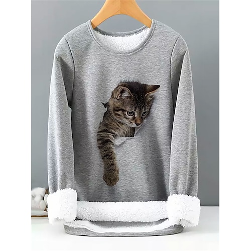 

Women's Shirt Fleece Shirts Gray Cat 3D Print Long Sleeve Casual Weekend Streetwear Round Neck Regular 3D Cat Fleece lined S