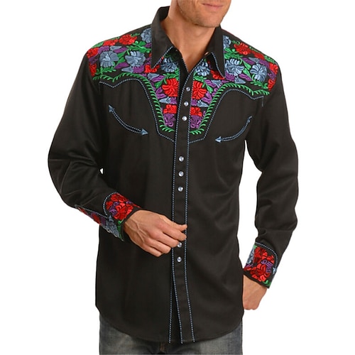 

Hombre Camisa camisa occidental Floral Cuello Vuelto Negro Impresión 3D Exterior Calle Manga Larga Abotonar Estampado Ropa Moda Design Casual Transpirable