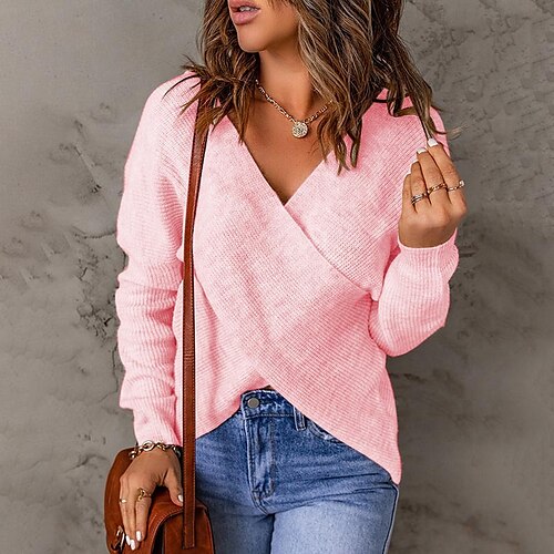 

Women's Pullover Sweater jumper Jumper Ribbed Knit Criss Cross Knitted Pure Color V Neck Stylish Casual Outdoor Daily Winter Fall Pink Beige S M L / Long Sleeve / Holiday / Regular Fit / Going out