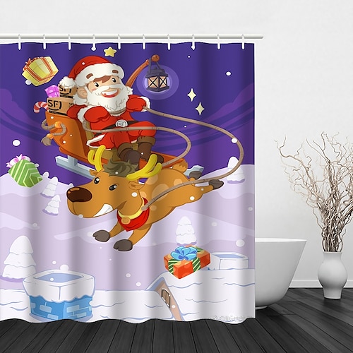 

Christmas Shower Curtain,Christmas Tree Santa Claus Snow Scene Christmas Party Home Bathroom Decorative Print Modern Polyester Processing Waterproof Shower Curtain with Hook