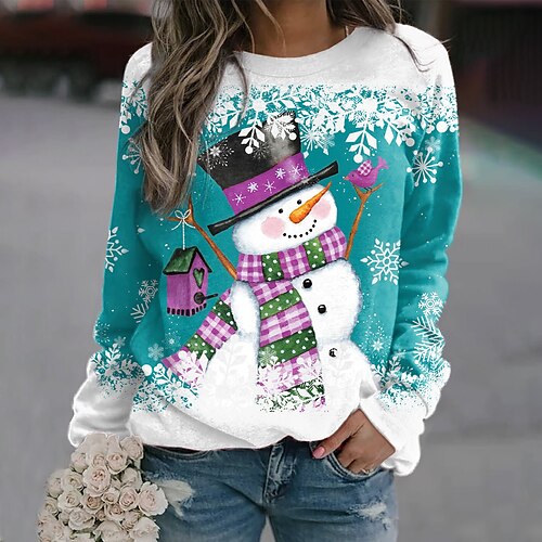 

Women's Sweatshirt Pullover Streetwear Green Blue Pink Snowman Snowflake Christmas Round Neck Long Sleeve S M L XL 2XL 3XL