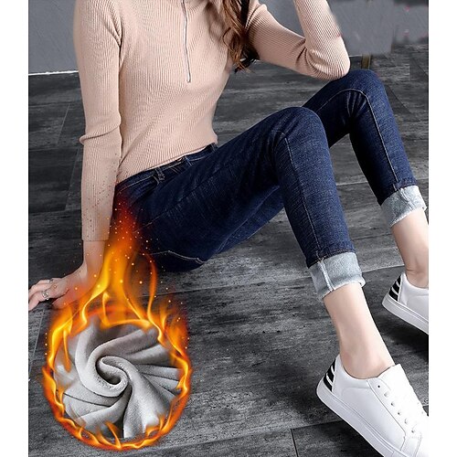 

Women's Fleece Pants Tights Pants Trousers Leggings Denim Fleece lined Black Blue Dark Grey Fashion Casual Daily Side Pockets Stretchy Ankle-Length Thermal Warm Plain S M L XL XXL / Slim