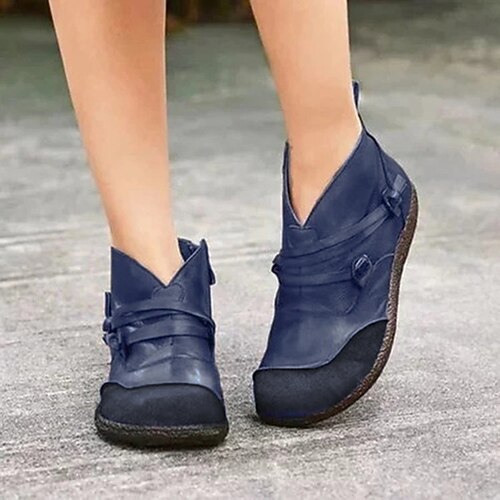 

Women's Boots Outdoor Office Daily Plus Size Booties Ankle Boots Winter Flat Heel Round Toe Vintage Casual Minimalism Walking Shoes PU Leather Loafer Solid Colored Black Brown Blue