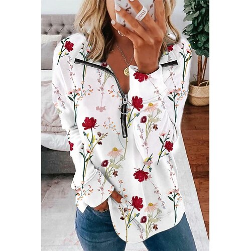 

Women's Sweatshirt Pullover Streetwear Zipper Pink Yellow Red Floral Casual V Neck Long Sleeve S M L XL 2XL 3XL