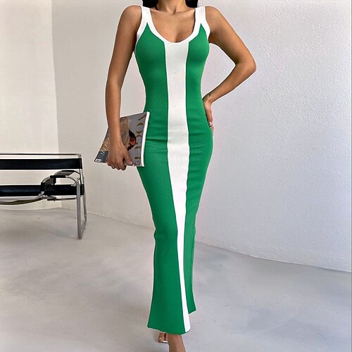 

Women's Sweater Dress Winter Dress Bodycon Midi Dress Green Fuchsia Orange White Black Sleeveless Color Block Cold Shoulder Knit Fall Winter U Neck Sexy Modern 2022 S M L