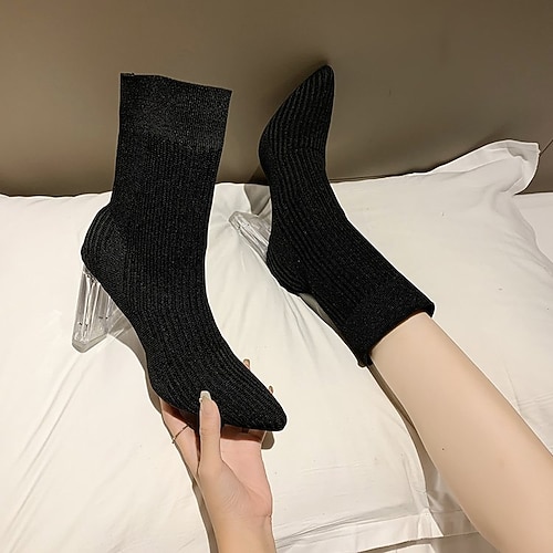 

Women's Boots Daily Sock Boots Plus Size Heel Boots Booties Ankle Boots Winter Chunky Heel Pointed Toe Elegant Casual Knit Loafer Solid Colored Black Beige