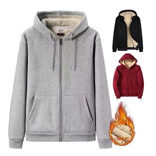 

Men's Hoodie Jacket Fleece Jacket Pocket Long Sleeve Outerwear Athletic Athleisure Winter Thermal Warm Windproof Breathable Fitness Running Jogging Sportswear Activewear Solid Colored Red Grey Black