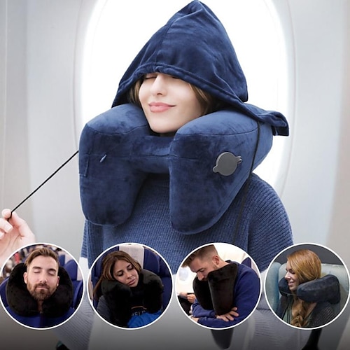 

H-shaped Hooded Inflatable Neck Pillow Office Home Rest Air Cushion Folding Lightweight Nap Neck Pillow Sleeping Cushion Warm Winter