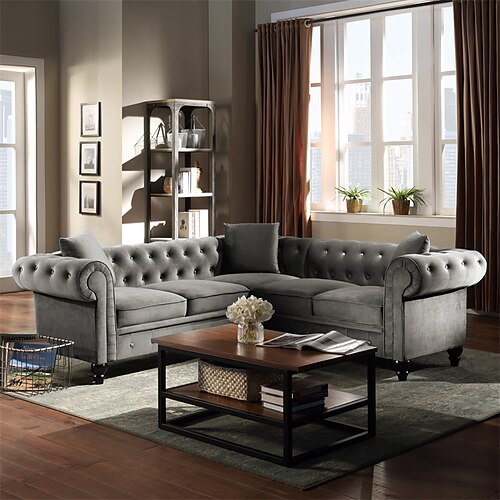 

VIDEO provided 808028 Deep Button Tufted Velvet Upholstered Rolled Arm Classic Chesterfield L Shaped Sectional Sofa 3 Pillows Included-Grey