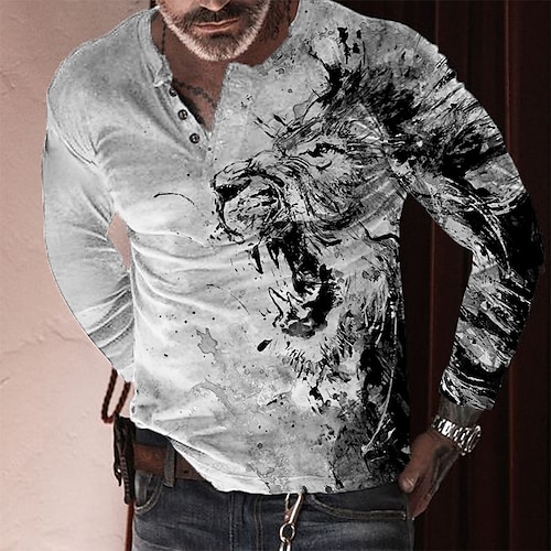 

Men's Plus Size T shirt Tee Big and Tall Lion Henley Long Sleeve Spring Fall Sports Designer Basic Breathable Outdoor Street Tops