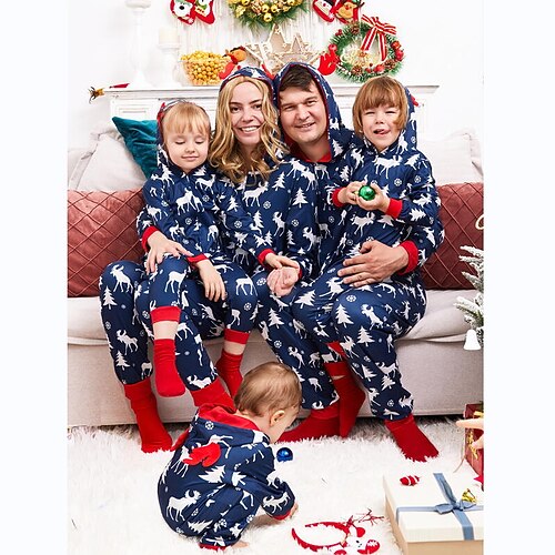 

Family Look Christmas Pajamas Jumpsuit Deer Christmas Tree Home Navy Blue Long Sleeve Active Matching Outfits