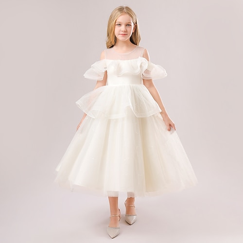 

Kids Girls' Party Dress Solid Color Party Dress Wedding Birthday Crewneck Champagne Maxi Short Sleeve Princess Sweet Dresses Winter Fall Form Fit 3-13 Years