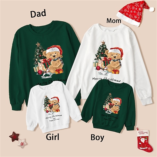 

Mommy and Me Christmas Sweatshirt Letter Bear Christmas Tree Casual Crewneck Multicolor Long Sleeve Adorable Matching Outfits