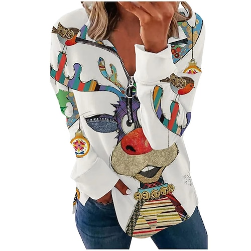 

Women's Sweatshirt Casual Christmas Zipper White Graphic Snowflake Christmas V Neck Long Sleeve S M L XL XXL 3XL