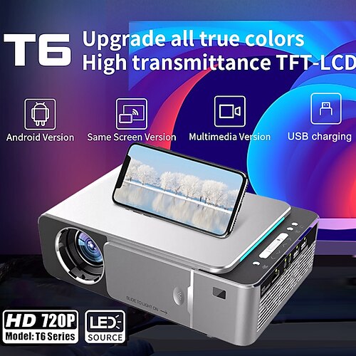 

T6 LCD Projector Auto focus Video Projector for Portable Android WiFi Projector 3D Home Theater Sync Smartphone Screen Wired projection 720P (1280x720) 2600 lm Compatible with HDMI USB